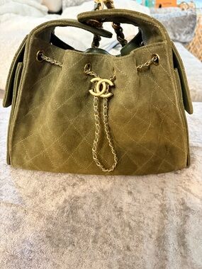 Hobo Bag Olive Green Quilted Suede Drawstring  (Designer Inspired)